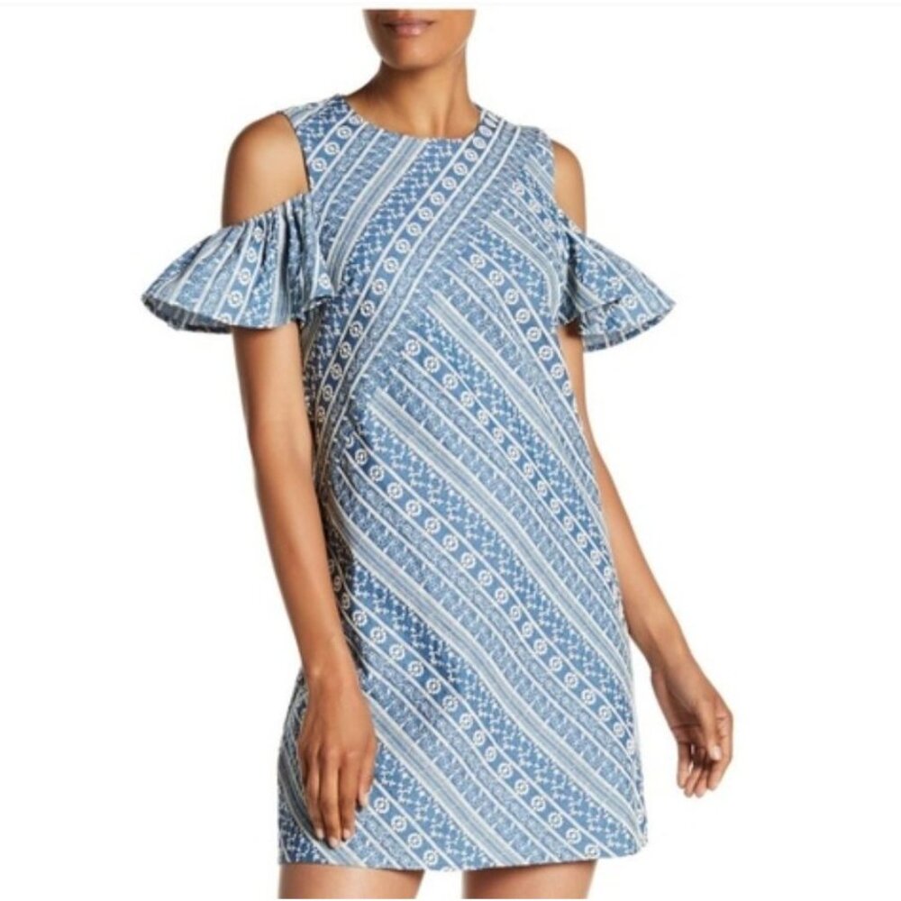 Size 12 NEW$178.00 LAUNDRY DENIM EMBROIDERED COLD SHOULDER DRESS Summer Party